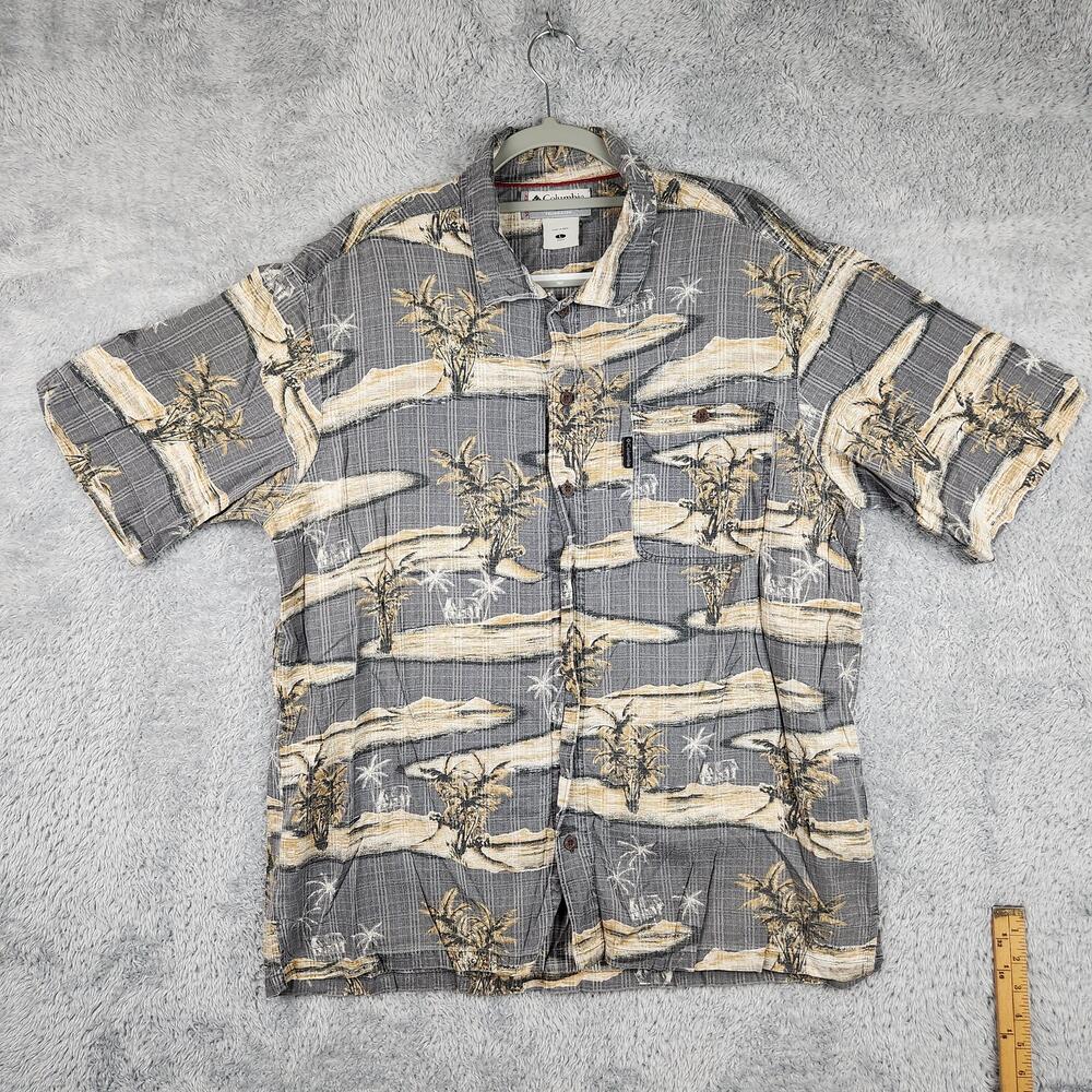 Vintage Columbia Shirt Mens Large Gray Short Sleeve Hawaiian Aloha Island Vertex